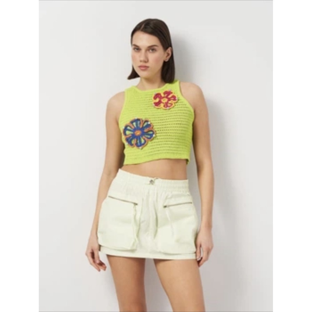 Zara Womens S Lime Green Crochet Floral Beaded Crop Tank Top Y2K Boho